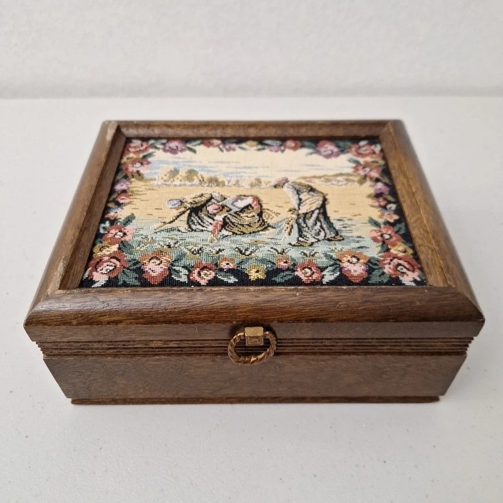 Vintage Tapestry Jewelry Box Art Floral Women Working Field Country Farmhouse